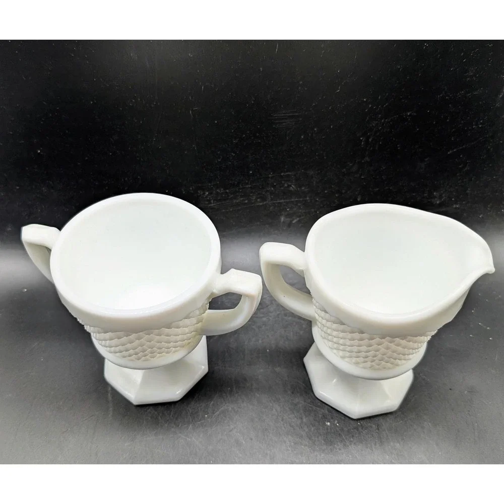 Vintage Westmoreland White Milk Glass Creamer and Sugar Bowl Set Diamond Pattern